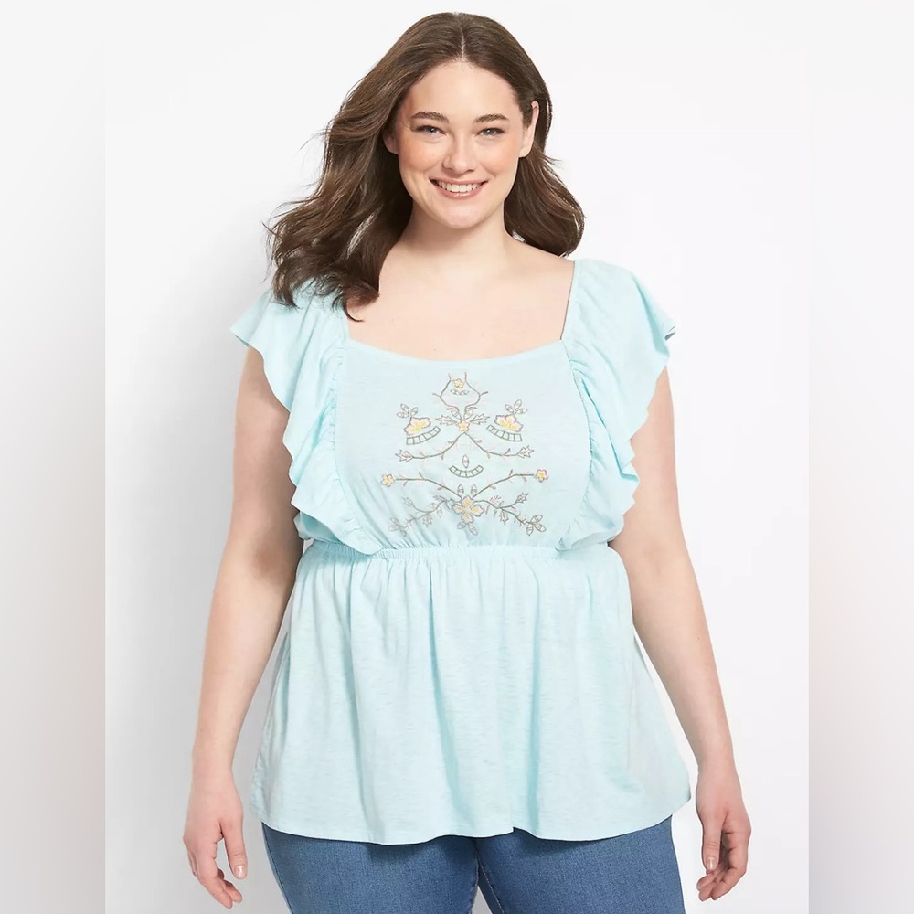Lane Bryant Classic square neckline in a Soft Blue embroidered peplum Top 22/24